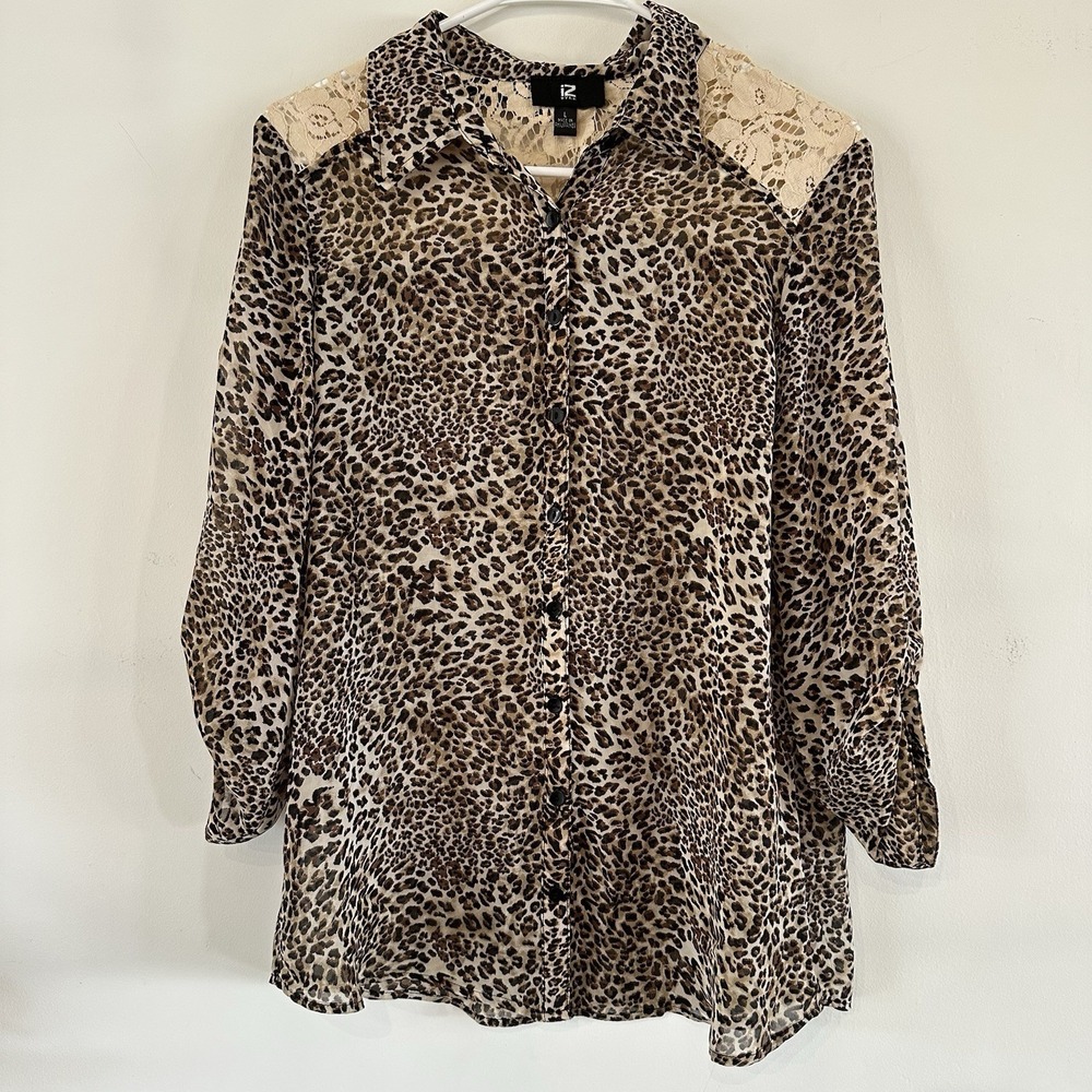 A. Byer Womens Shirt Cheetah Lace‎ Button Up Semi-Sheer Top Large Y2K Cardigan